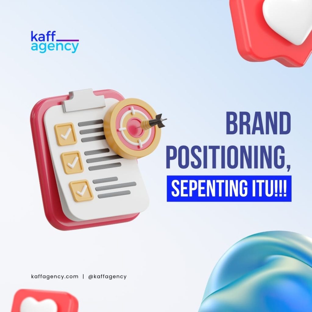Desain 3D dengan ikon checklist, target panah, dan teks 'Brand Positioning, Sepenting Itu!!!' dari Kaff Agency. Desain modern dengan warna biru dan merah