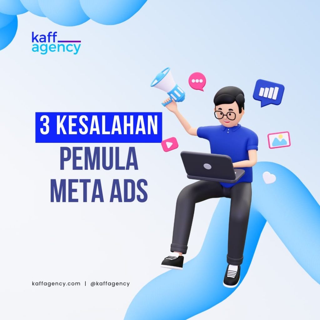 Ilustrasi seorang pemula belajar Meta Ads dengan memegang megafon dan laptop, dikelilingi ikon media sosial untuk menggambarkan optimasi digital